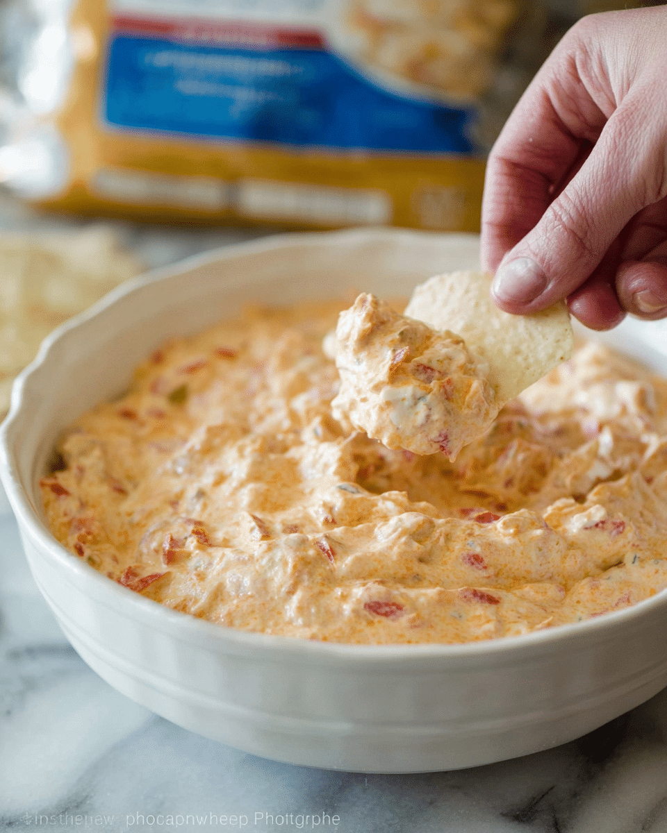 A white bowl filled with a creamy dip that has a thick, slightly chunky texture with small pieces of red pepper scattered throughout its pale orange surface. A woman's hand holds a pale, light beige tortilla chip dipped into the creamy mixture, showing the dip clinging to the chip. The bowl is placed on a white marbled surface, and a package of cream cheese is partially visible blurred in the background. Photo taken with an iphone --ar 4:5 --v 7