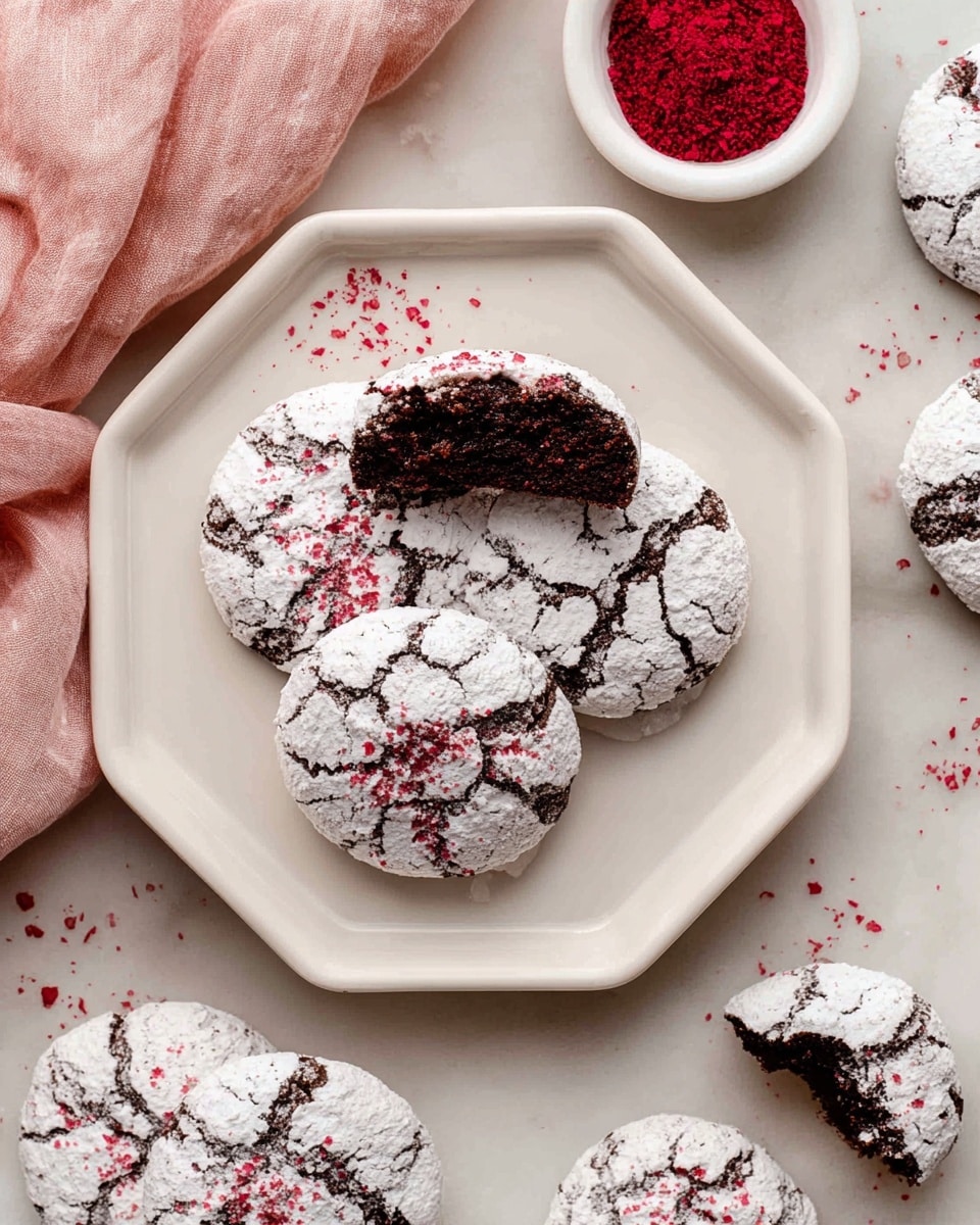 A white octagonal plate holds four round chocolate cookies covered with a thick layer of white powdered sugar that cracks to reveal the dark cookie underneath, sprinkled with tiny red specks. One cookie is broken in half showing the dense, moist dark interior. Around the plate, there are more cookies on a white marbled surface, some broken into pieces. A small white bowl above the plate holds bright red powder. On the top left, a pink cloth adds soft texture to the scene. Photo taken with an iphone --ar 4:5 --v 7