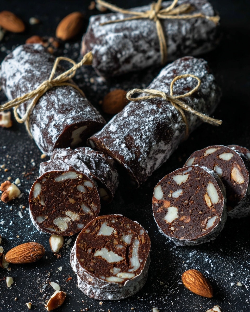 The image shows several dark brown chocolate salami rolls tied with beige string, dusted with white powdered sugar that gives a frosted look to the outer layer. Some of the rolls are whole, and others are sliced to reveal multiple cross-sections. Each slice displays a dense, rich chocolate layer mixed with light-colored chunks of nuts, giving a textured look. Small nut pieces are scattered around the rolls on a dark black surface that contrasts with the white powdered sugar. The photo is taken from above, showing a close-up of the food's rich textures and details. photo taken with an iphone --ar 4:5 --v 7