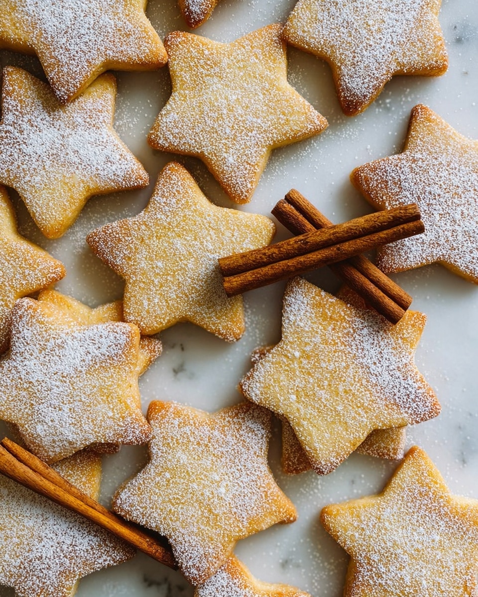 A stack of seven star-shaped cookies, evenly layered one on top of the other, with a golden brown color and a light coating of sugar crystals giving a sparkling texture. The top cookie is in sharp focus with sugar dust spread around the base on a white marbled surface. To the left, a cinnamon stick lies diagonally, while more star cookies softly blur in the background. The entire scene feels cozy and sweet, with warm tones from the baked cookies contrasting the cool white background. Photo taken with an iphone --ar 4:5 --v 7