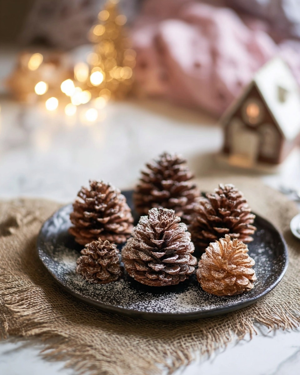 Five pine cone-shaped pastries sit on a dark rustic plate, arranged with four closer together and one slightly apart. Each pastry is layered, with rough-textured brown outer leaves dusted lightly with powdered sugar, giving a frosted look. One pastry is more golden, shining slightly, while the others are a deeper brown with a matte finish. The plate rests on a coarse burlap cloth, all set on a white marbled surface. In the blurred background, warm fairy lights glow softly, along with a small gingerbread house and a pink cloth. Photo taken with an iphone --ar 4:5 --v 7
