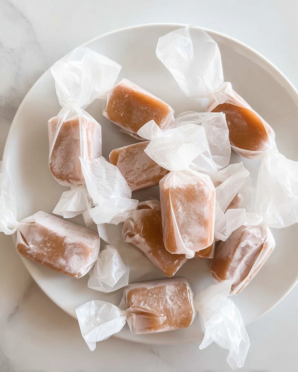 The image shows a white plate filled with several small rectangular candies wrapped in white translucent paper twisted at both ends. The candies inside are light to medium brown with a slightly uneven texture visible through the paper. The candies are arranged loosely and overlapping slightly in the center of the plate, which is placed on a white marbled surface. Photo taken with an iphone --ar 4:5 --v 7