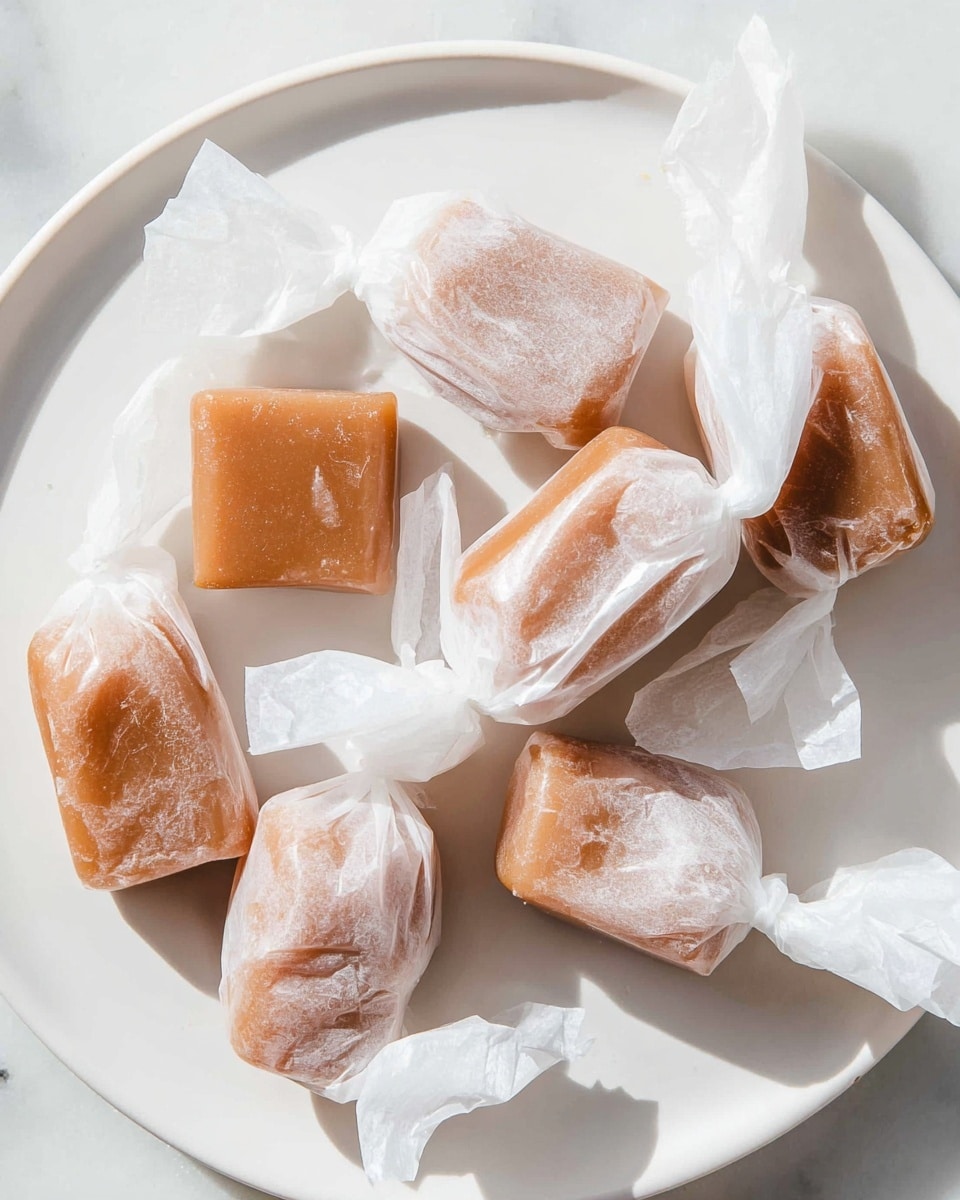 The image shows several small rectangular caramel-colored candies individually wrapped in white translucent wax paper, each twisted at both ends. The candies have a smooth, slightly shiny texture and are arranged casually on a large white round plate. The plate sits on a white marbled surface, creating a clean and simple backdrop for the sweets. The light highlights the slight translucency of the wrappers and the subtle uneven texture of the caramel inside. photo taken with an iphone --ar 4:5 --v 7