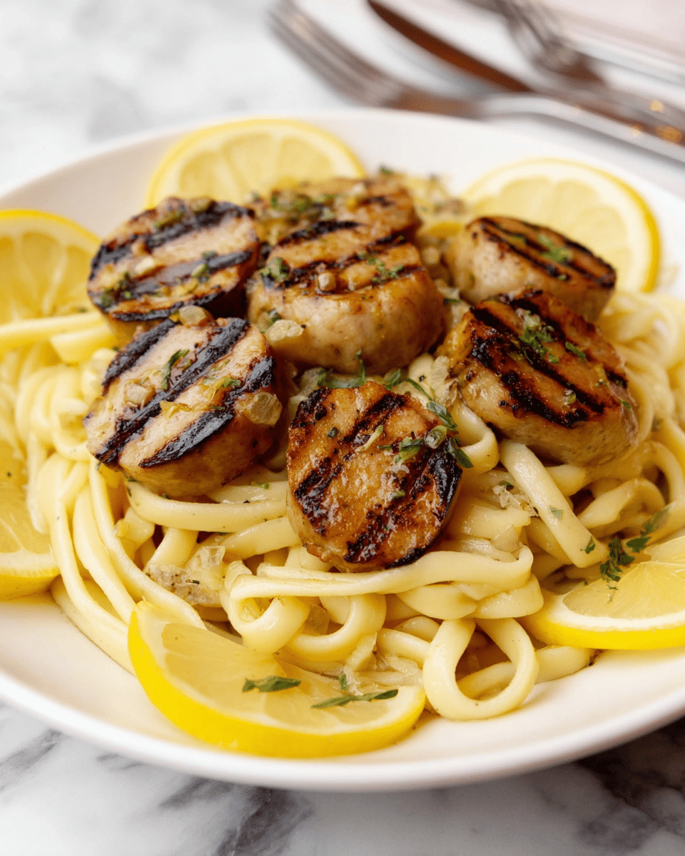 The image shows several round slices of grilled sausage with a brown, slightly charred surface and crisscross grill marks, scattered with small pieces of green herbs and bits of garlic. Two lemon wedges with bright yellow skin and pale juicy flesh are placed among the sausage slices. The food rests on a shiny surface, with a white marbled texture in the background. photo taken with an iphone --ar 4:5 --v 7