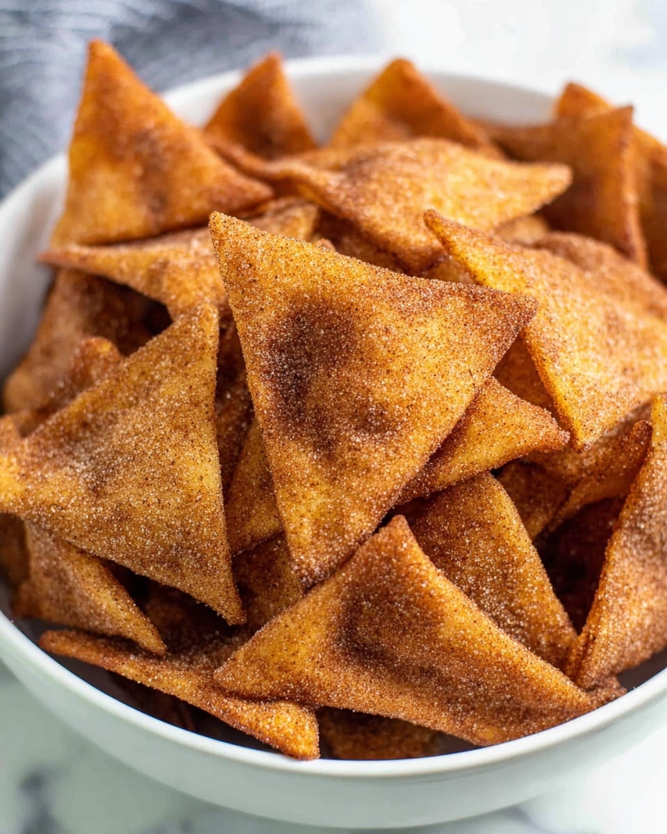 A close-up view of a white bowl filled with multiple triangular cinnamon-sugar chips. Each chip is golden-brown with a crunchy texture and a dusting of cinnamon sugar on the surface, giving a slightly grainy look. The chips are piled casually, overlapping each other inside the bowl, which is placed on a white marbled surface. Photo taken with an iphone --ar 4:5 --v 7