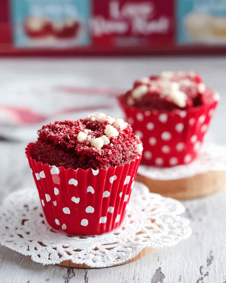 The image shows two red velvet cupcakes in red paper liners with white polka dots, placed on a wooden surface and a white lace doily. Each cupcake has a rough, crumbly top with mixed red and white textures, indicating a soft cake with white cream or frosting bits on top. The background includes blurred boxes and more desserts, with the focus clearly on the cupcakes at the front. The setting is simple with a white marbled texture surface underneath. photo taken with an iphone --ar 4:5 --v 7