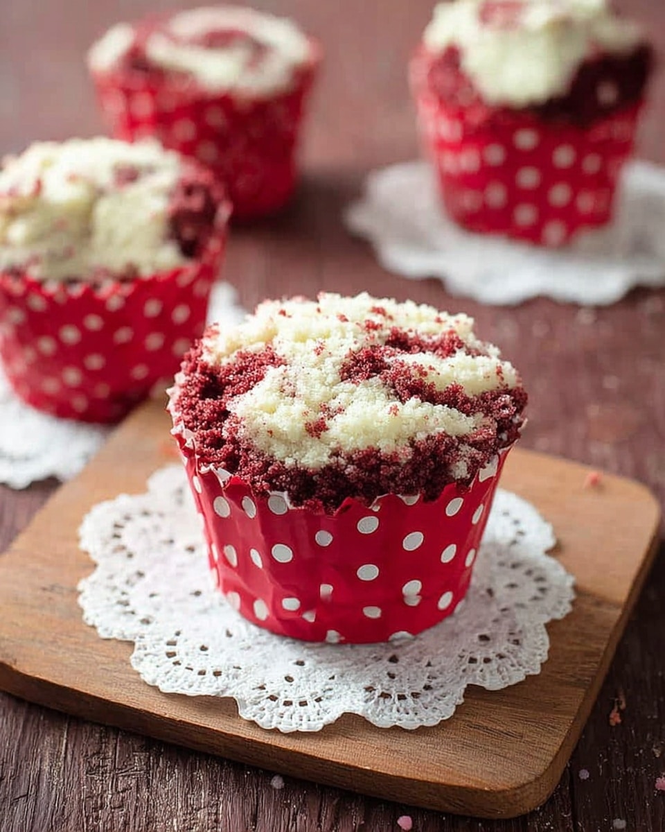 The image shows four red cupcakes with white polka dots, each topped with a crumbly white and dark reddish-brown layer that looks soft and fluffy, sitting on delicate white paper doilies. The cupcakes are placed on a wooden surface, slightly blurred in the background but with one cupcake in clear focus in the front center. The crumb topping is uneven with coarse texture visible, creating a contrast with the smooth cupcake surface inside the liners. photo taken with an iphone --ar 4:5 --v 7