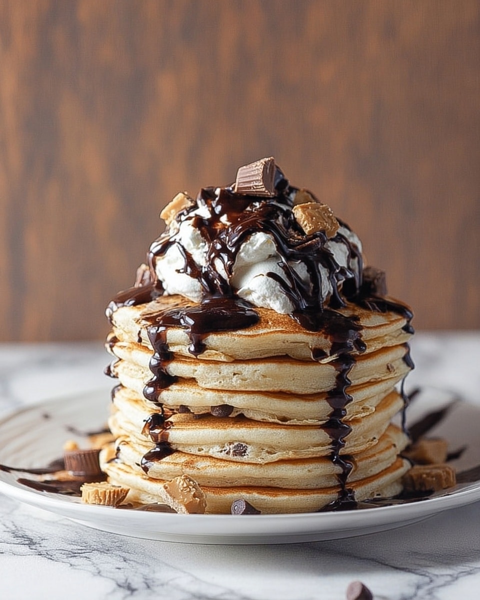 A tall stack of seven light brown pancakes with slightly uneven edges sits on a white plate. The pancakes have visible chocolate chips inside. On top of the stack is a white whipped cream dollop covered with thick, dark chocolate syrup that drips down the sides of the pancakes. Small pieces of chopped peanut butter cups are scattered on the whipped cream and pancakes. The plate is placed on a subtle white marbled surface. photo taken with an iphone --ar 4:5 --v 7