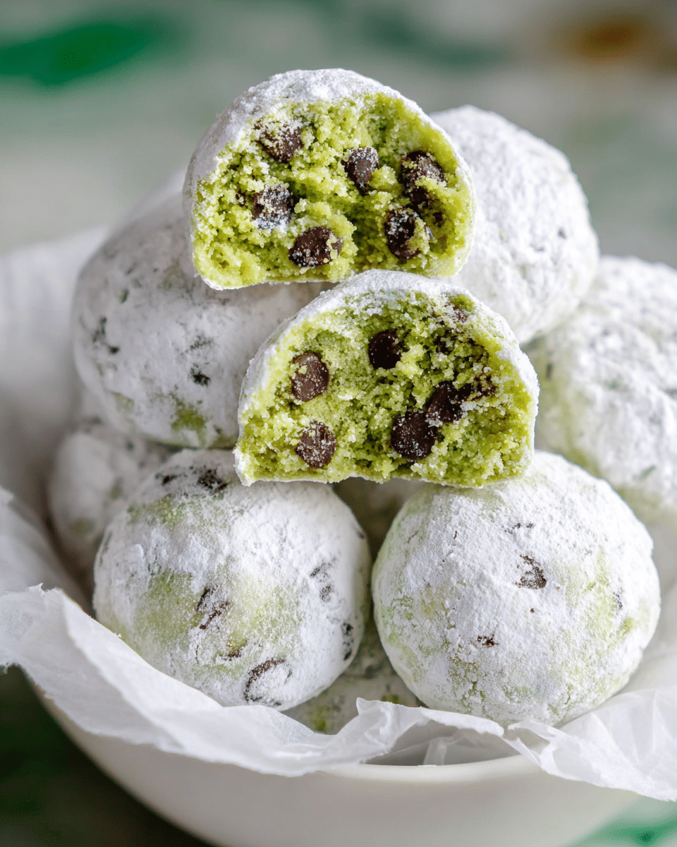 A close-up image of round, green cookies with dark chocolate chips inside, coated in a thick layer of white powdered sugar that gives them a rough, snowy appearance. The cookies are stacked in a white bowl lined with white wax paper, with one cookie broken in half sitting on top, showing the soft, crumbly green interior dotted evenly with dark chocolate chips. The smooth texture of the chocolate chips contrasts with the powdery exterior and soft inside layers. The whole scene is set on a white marbled surface. photo taken with an iphone --ar 4:5 --v 7