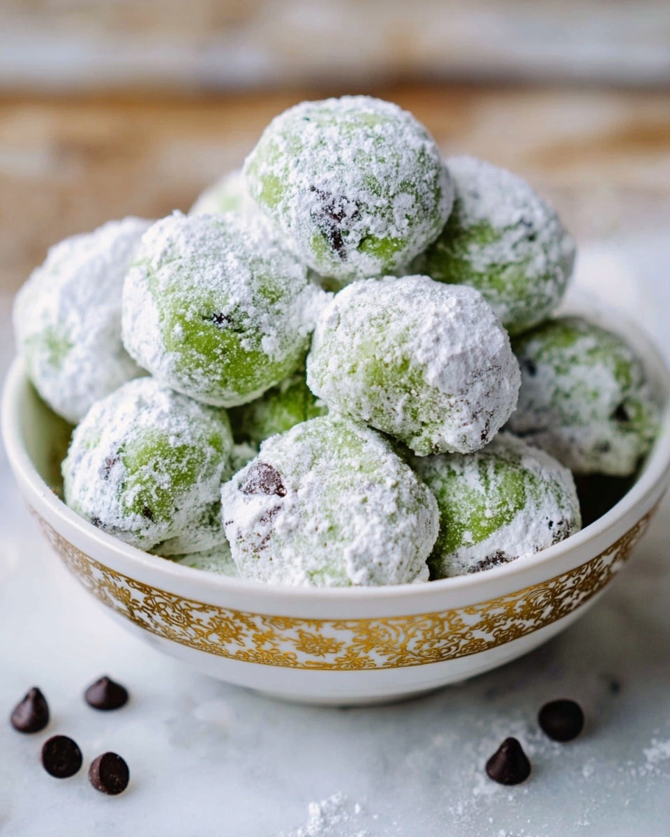 This image shows a white bowl filled with round green cookies covered in a thick layer of white powdered sugar, making the green color peek through in spots. The bowl is decorated with a gold pattern and contains a few small dark chocolate chips scattered around the cookies. The bowl sits on a white marbled surface, giving a clean and bright look. The cookies are piled in a small mound, showing their textured powdered sugar coating clearly. photo taken with an iphone --ar 4:5 --v 7