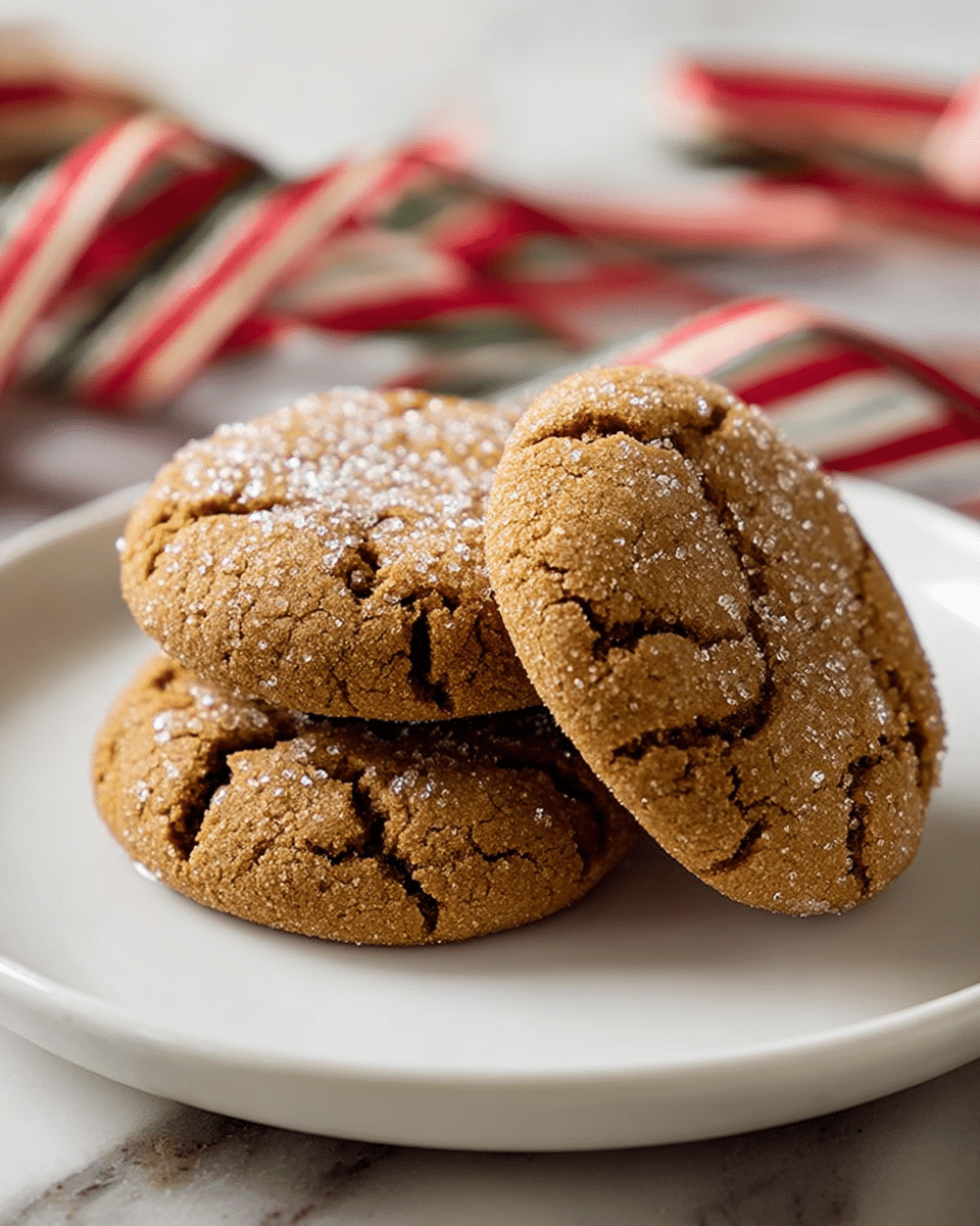 Three soft brown cookies with cracked surfaces and a light sprinkle of sugar crystals on top, arranged in a small stack on a white round plate. The cookies have a slightly rough texture with visible cracks showing a tender inside. The plate sits on a white marbled surface with a red and white striped ribbon around it, adding a festive touch. Photo taken with an iphone --ar 4:5 --v 7