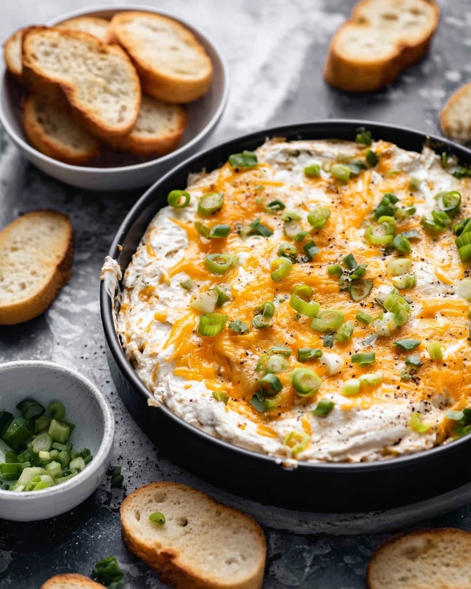 A round black bowl filled with a creamy white dip layered thickly, topped with melted golden orange cheddar cheese scattered unevenly across the surface. Bright green chopped scallions are sprinkled on top, adding a fresh accent. Around the bowl are small toasted slices of bread in a white bowl and individually placed on a dark table. A small white bowl with more chopped scallions sits nearby. The table has a white marbled texture, complementing the dish's colors. photo taken with an iphone --ar 4:5 --v 7