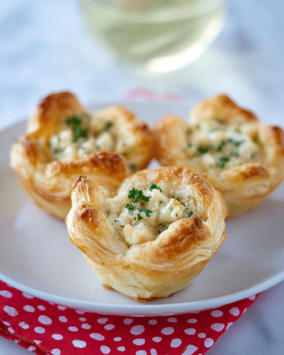 The image shows three small puff pastry cups arranged close together on a white plate. Each cup is golden brown and flaky with many layers visible on the outside. The inside of each cup is filled with a light-colored, creamy mixture that looks soft and slightly crumbly, topped with small bits of green herbs sprinkled over the filling. The plate sits on a red and white polka dot cloth, with a white marbled surface underneath. A glass with a light yellow liquid is blurry in the background. photo taken with an iphone --ar 4:5 --v 7