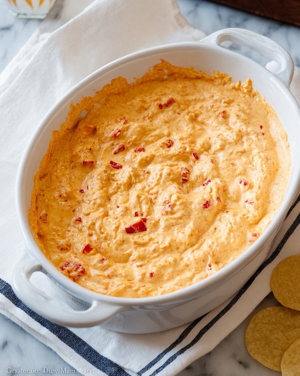 The image shows a white oval baking dish filled with a thick, creamy, orange dip that has small red chunks scattered evenly throughout. The top surface looks slightly textured and soft, with some light browning around the edges of the dip near the rim of the dish. The baking dish has two handles and is placed on a white cloth with a black stripe, set on a white marbled surface. In the corner, there are a few round, light-colored chips partially visible. Photo taken with an iphone --ar 4:5 --v 7