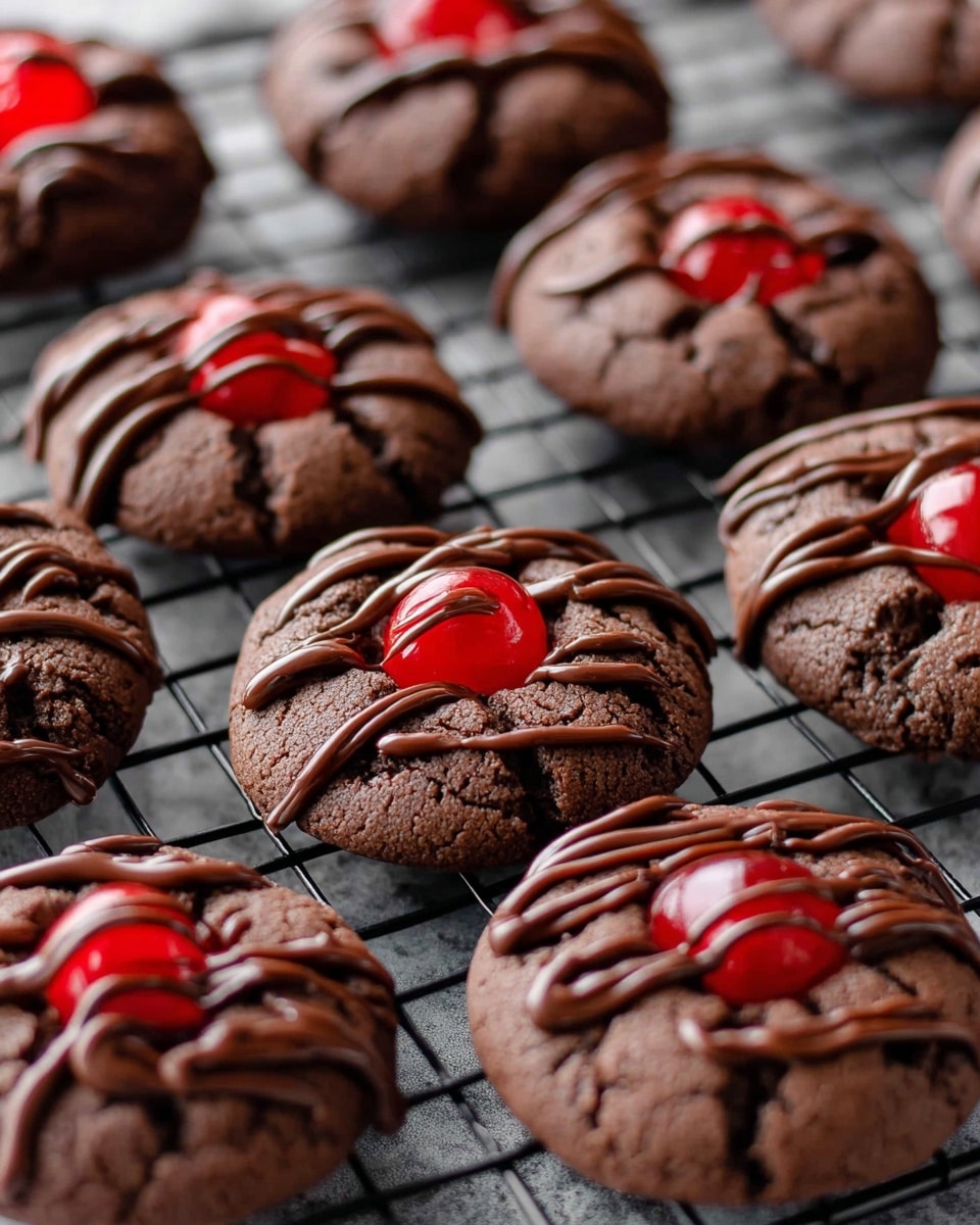 The image shows a group of round dark brown chocolate cookies on a black cooling rack placed on a white marbled surface. Each cookie has one bright red cherry right in the middle as the top layer, sitting on the cracked textured chocolate cookie base. On top of the cherry and cookie, there is a drizzle of shiny light brown chocolate sauce spread unevenly in quick, smooth lines across the surface. The cookies are arranged closely together, with soft light highlighting the textures and colors. photo taken with an iphone --ar 4:5 --v 7