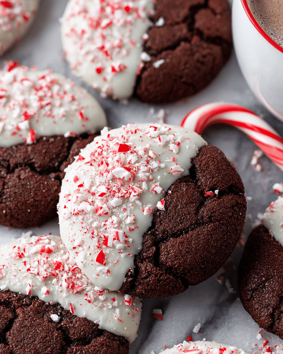 The image shows a close-up of thick, dark brown chocolate cookies arranged closely on a white marbled surface. Each cookie is half-covered with a smooth, white coating sprinkled with crushed red and white peppermint pieces, adding texture and bright color contrast. The cookies have a cracked, soft texture visible on the dark chocolate side. In the background, there is the edge of a white cup with a red rim filled with a drink, and a red-and-white striped candy cane leans against it. photo taken with an iphone --ar 4:5 --v 7