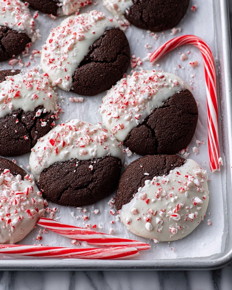 A close-up of round, dark brown chocolate cookies arranged on a baking tray lined with white parchment paper. Each cookie is dipped halfway in smooth white icing with a slightly glossy texture. The icing is sprinkled with crushed red and white peppermint candy, adding a speckled appearance. Small cracks appear on the cookie surfaces, showing a slightly rough texture underneath the icing. Around the cookies, crushed peppermint pieces are scattered, and two whole red and white striped candy canes lie diagonally on the tray. The tray sits on a white marbled surface. photo taken with an iphone --ar 4:5 --v 7