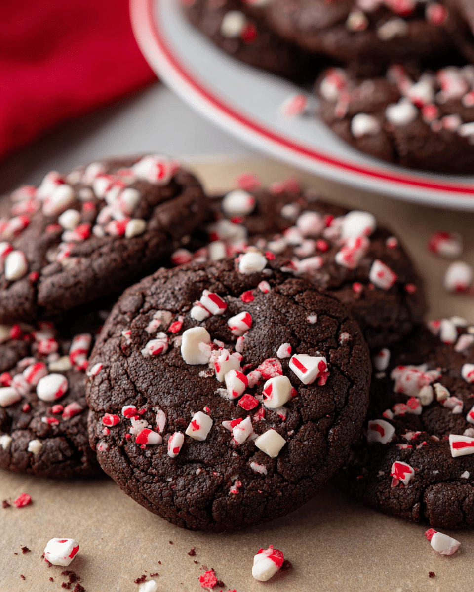 A close-up view of several round dark brown chocolate cookies topped with small irregular white and red candy pieces scattered all over their surface. The cookies have a cracked texture and appear soft and moist. They are placed on a light brown surface with a few cookie crumbs around. In the background, there is a white plate with a red trim filled with more cookies, slightly out of focus. photo taken with an iphone --ar 4:5 --v 7