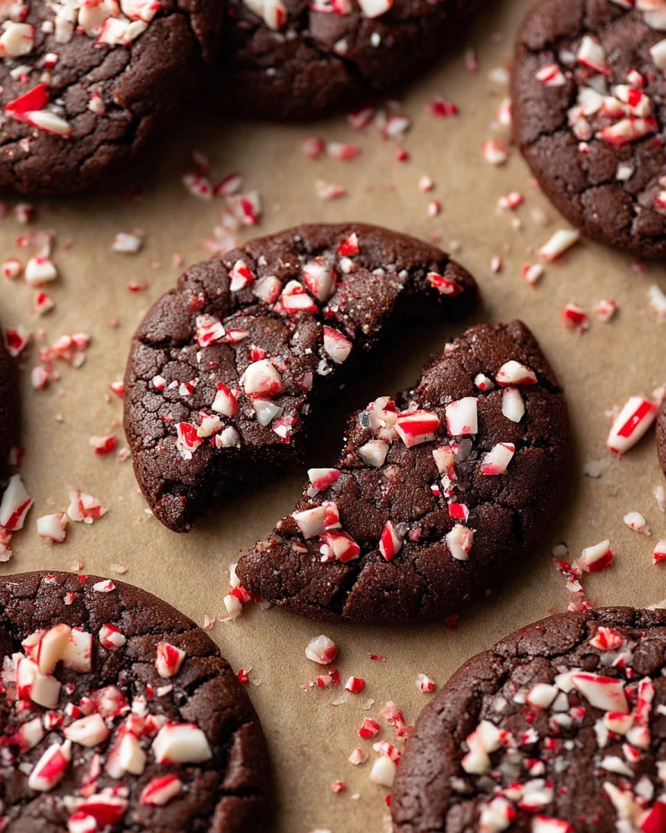 The image shows dark brown chocolate cookies sprinkled with small, chunky red and white peppermint pieces. Each cookie is round, with a slightly cracked texture on top. One cookie in the center is broken into two pieces, revealing a soft, dense inside. The cookies rest on a light brown parchment paper, with some peppermint crumbs scattered around. The overall look is rich and festive. photo taken with an iphone --ar 4:5 --v 7