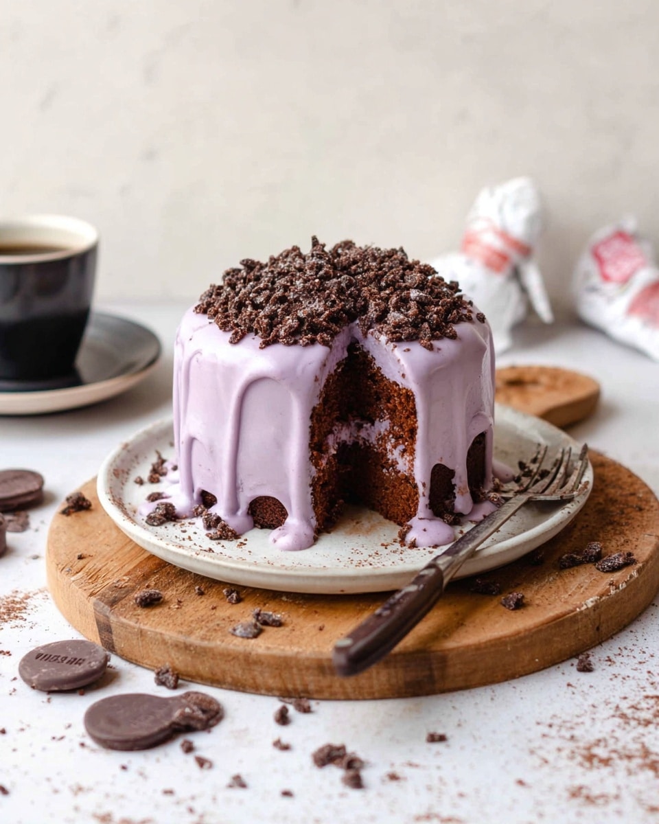A small, round chocolate cake with two visible layers sits on a white plate, placed on a wooden cutting board over a white marbled surface. The cake is covered in a thick, smooth pale purple frosting that drips down the sides. On top, there is a generous layer of crumbled chocolate pieces, adding texture and a darker brown color contrast. A slice has been removed from the front, revealing the rich, dense chocolate cake inside. A fork with a dark wooden handle rests on the plate near the missing slice. Scattered cocoa pieces and chocolate discs are around the board and plate. In the background, there is a white wrapped confection and a dark cup and saucer on a white marbled surface. photo taken with an iphone --ar 4:5 --v 7