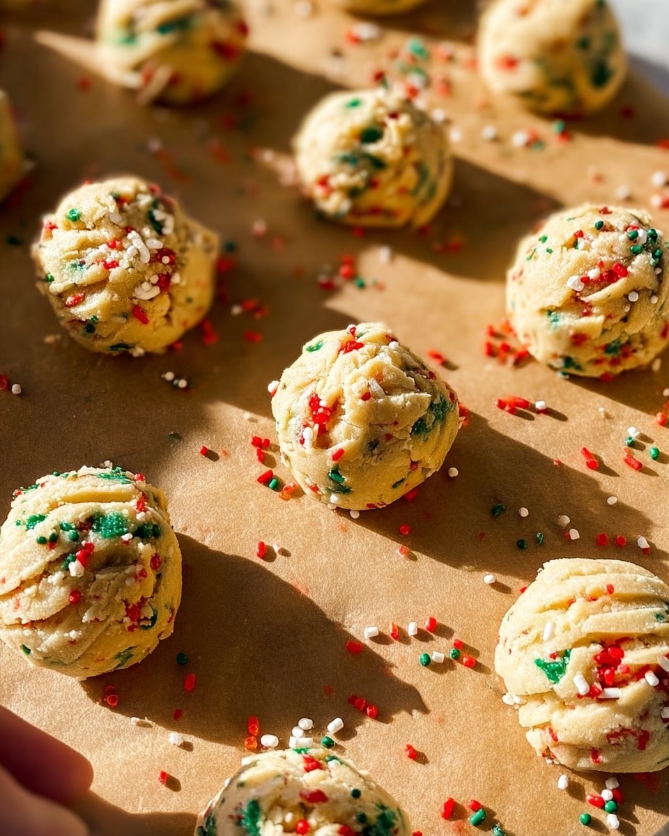 The image shows multiple round cookie dough scoops on a brown parchment paper, arranged in rows with small spaces between them. Each scoop is light yellow with red, green, and white confetti-like sprinkles mixed throughout, some sprinkles scattered on the parchment paper around the dough balls. The dough texture is slightly rough with visible ridges from being scooped. The background is changed to a white marbled texture with bright natural light casting soft shadows to the right of each dough ball, highlighting the round shapes and sprinkle colors. photo taken with an iphone --ar 4:5 --v 7