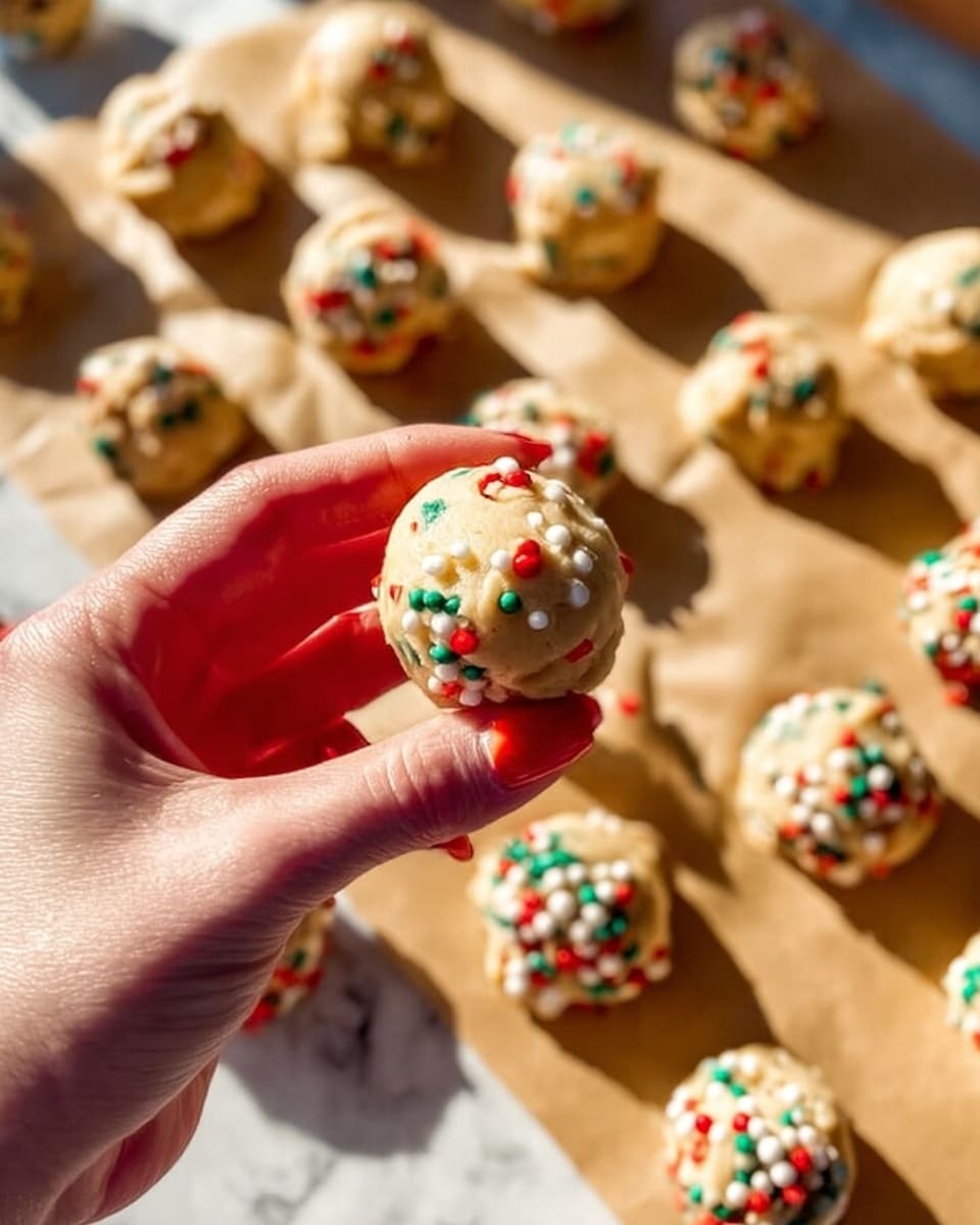 A close-up image shows a woman's hand holding a small ball of cookie dough filled with red, green, and white round sprinkles. In the background, there are many similar cookie dough balls spread out on a parchment paper that lies on a white marbled surface. The dough is pale yellow with a soft texture, and the colorful sprinkles are evenly scattered throughout each ball, creating a festive look. The scene is brightly lit with natural sunlight, casting distinct shadows. photo taken with an iphone --ar 4:5 --v 7