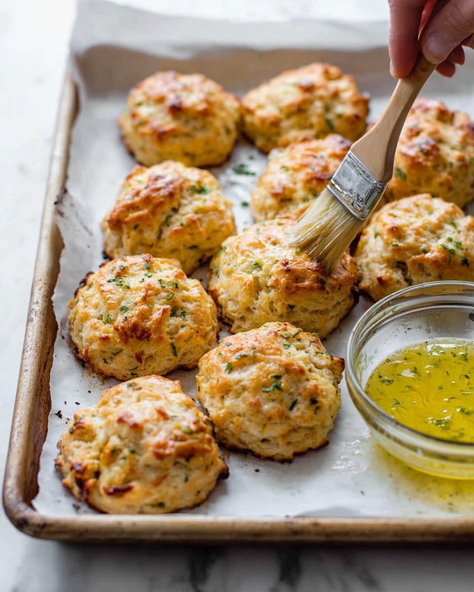 A baking sheet lined with white parchment paper holds about ten golden brown biscuit-like scones with a slightly rough texture and small green herb bits on top. The scones have a warm, crunchy surface with light browning on the edges and small chunks visible in the dough. To the right side of the tray, there is a clear glass bowl containing a yellow herb butter mix, with a woman’s hand holding a brush dipped in the mixture, as if about to coat the scones. The whole scene rests on a white marbled textured surface. photo taken with an iphone --ar 4:5 --v 7