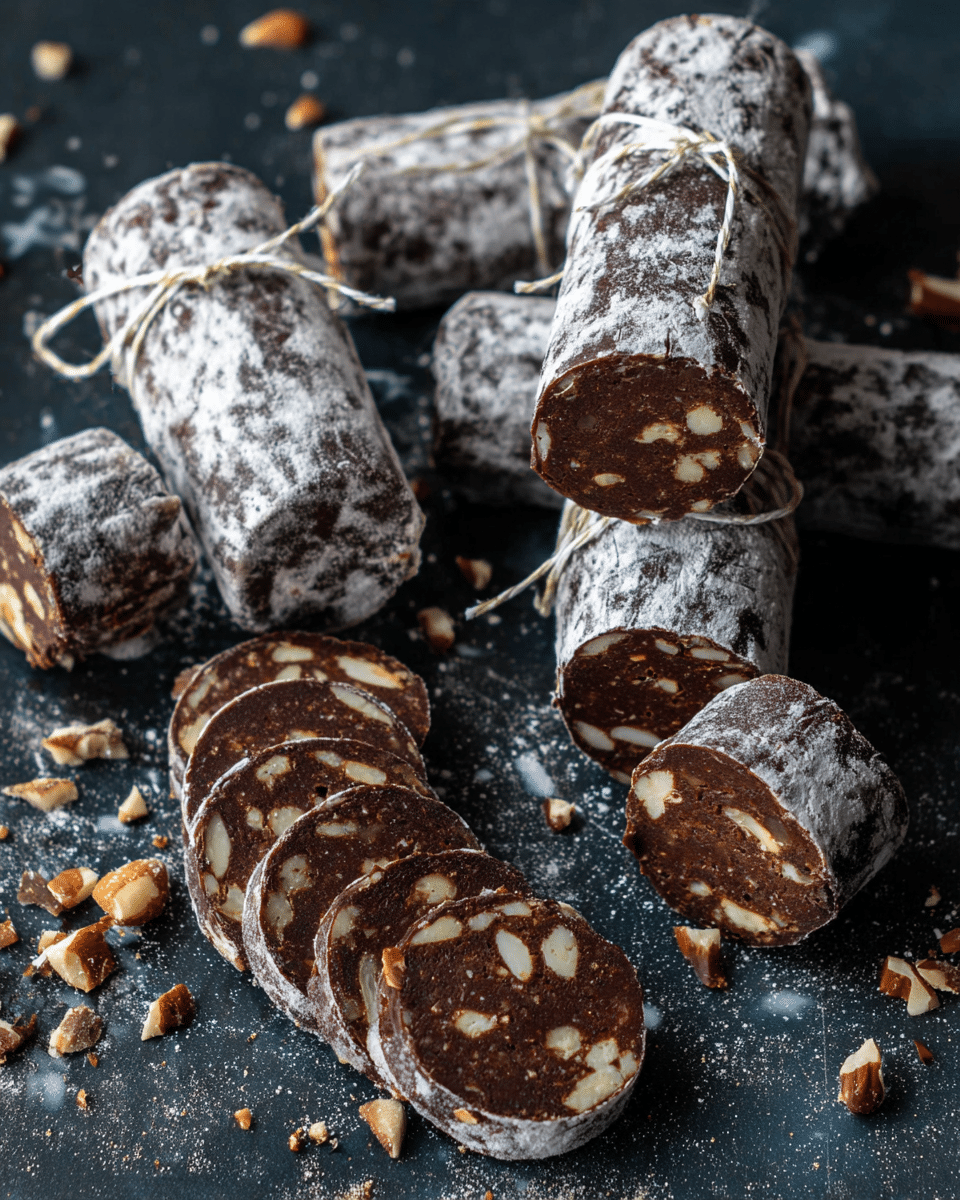 The image shows several chocolate salami pieces on a dark surface with a white marbled texture. There are four whole cylindrical chocolate salamis wrapped with white powder and tied with thin white string, placed diagonally and horizontally across the frame. Around them are several chocolate salami slices arranged in a loose stack and scattered in front, showing a rich dark brown interior filled with small light-colored nut pieces. Light dustings of white powder cover parts of the chocolate, and broken nut fragments are scattered around the pieces, adding texture and contrast. photo taken with an iphone --ar 4:5 --v 7