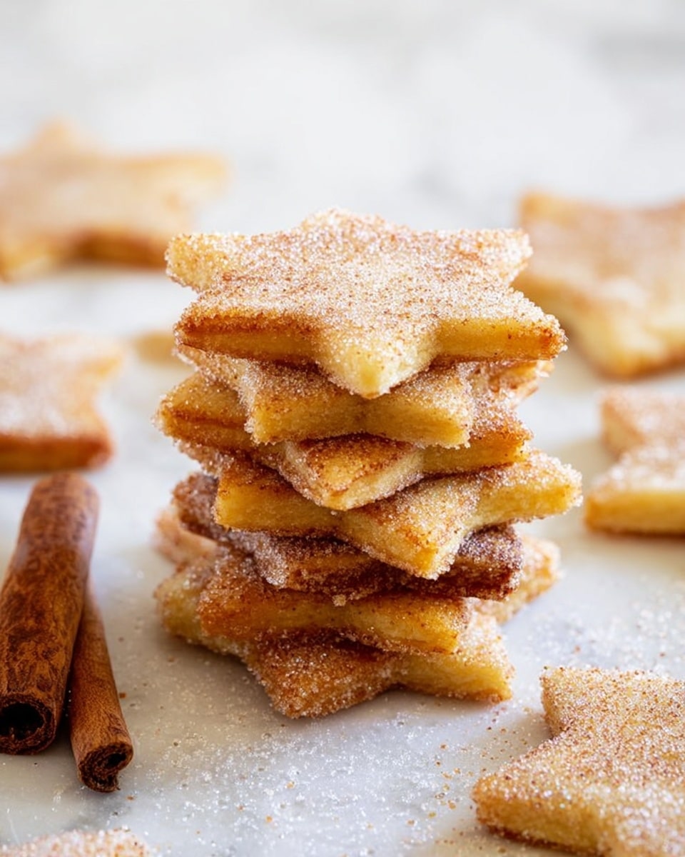 The image shows many star-shaped cookies spread out on a white marbled surface. Each cookie is golden brown with a slightly darker edge, topped with a light sprinkle of powdered sugar giving a snowy texture. There are two cinnamon sticks placed diagonally across the cookies, adding a rustic touch. The cookies have a smooth, lightly grainy surface due to the sugar dusting, and they overlap slightly in a casual arrangement. Photo taken with an iphone --ar 4:5 --v 7