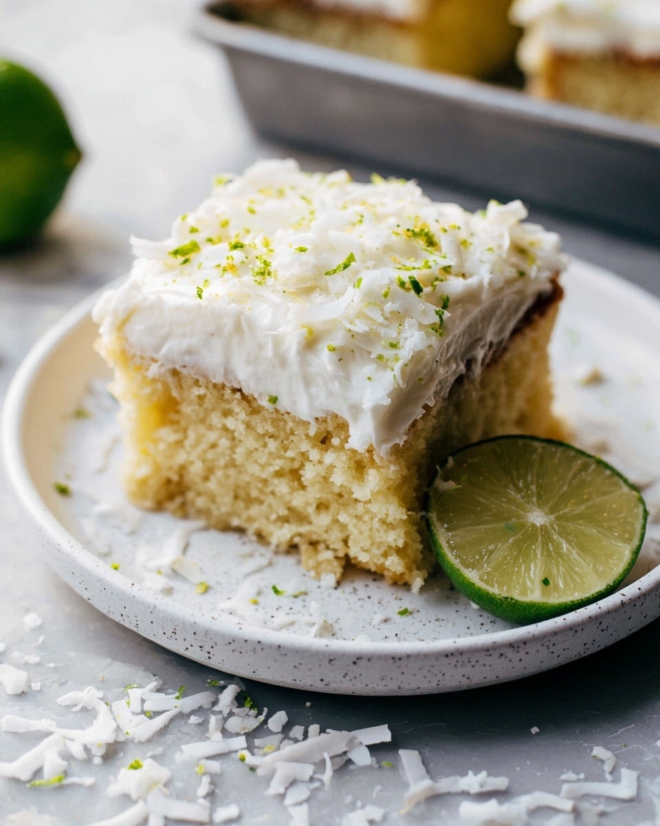 A close-up view of a three-layered dessert in a white pan set on a white marbled surface, where the bottom layer is a moist, light golden cake with a slightly crumbly texture; the middle layer consists of thick white creamy frosting, smooth and fluffy; the top layer is a textured whipped cream with white coconut flakes sprinkled on it, along with tiny green garnishes scattered across the surface for color contrast, with one square piece cut out from the front right corner showing the layers clearly, crumbs scattered around the cut area photo taken with an iphone --ar 4:5 --v 7