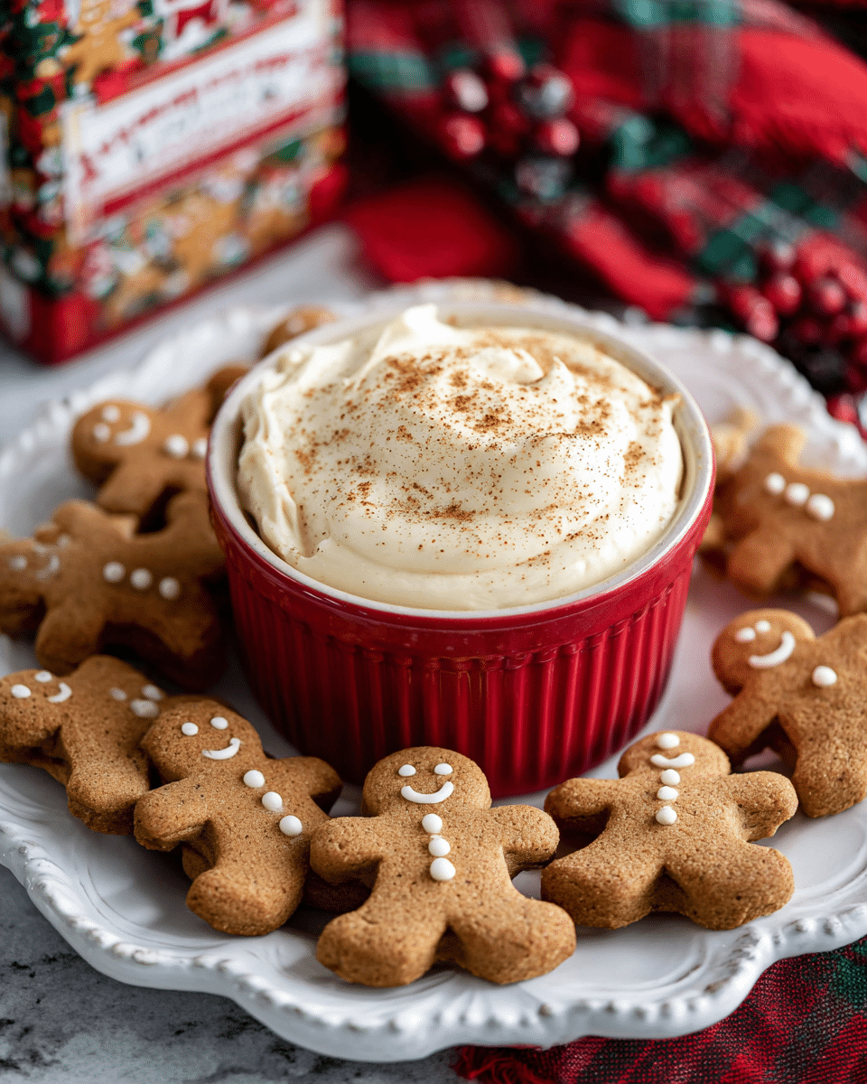 A close-up shows a woman's hand dipping a brown gingerbread man cookie with a smiling face and button details into a small white ramekin filled with creamy, light beige dip speckled with small bits, topped with a sprinkle of fine brown powder. The cookie is partially covered in the thick, smooth dip. Around the ramekin, many similar gingerbread cookies lie on a white marbled surface with a blurred colorful background. Photo taken with an iphone --ar 4:5 --v 7