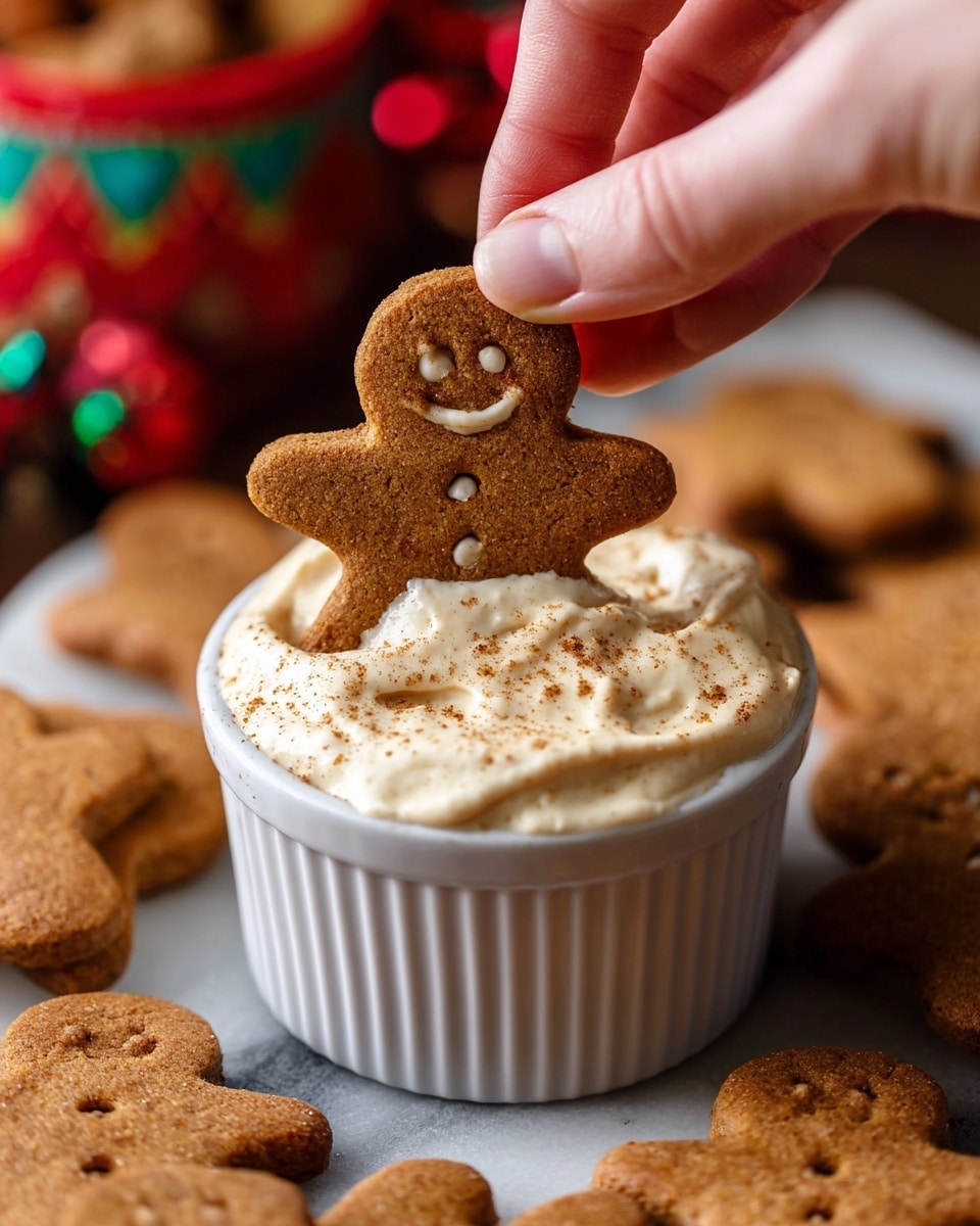 A white plate with a decorative edge holds a ring of light brown gingerbread men cookies, each with smiling faces and small buttons shaped in the dough. In the center is a red ramekin filled with a thick, creamy, off-white dip, topped with a light sprinkle of ground spice. The background shows a blurred box with Christmas-themed designs and red plaid patterns. The scene is set on a white marbled texture. photo taken with an iphone --ar 4:5 --v 7
