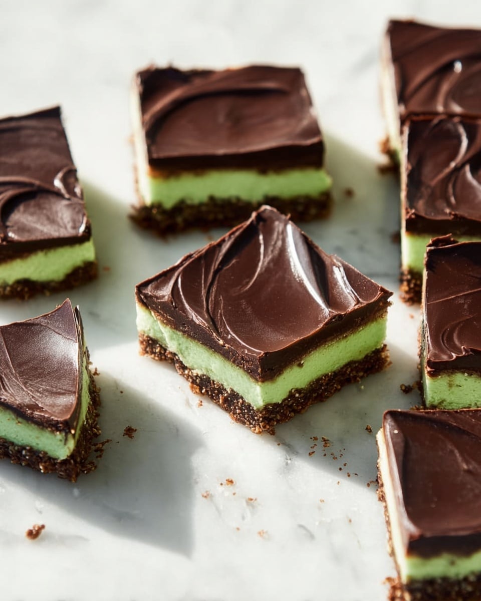 The image shows a batch of square dessert bars arranged on white parchment paper over a white marbled surface. Each bar has three distinct layers: the bottom layer is a dark brown, crunchy base, the middle layer is a smooth, light green cream filling, and the top layer is a thick, glossy dark chocolate frosting with visible swirls and texture from spreading. Several pieces are neatly cut into squares, with a few pieces slightly separated to reveal the clean, distinct layers, showing the contrast between the creamy green middle and the chocolate layers above and below. Photo taken with an iphone --ar 4:5 --v 7