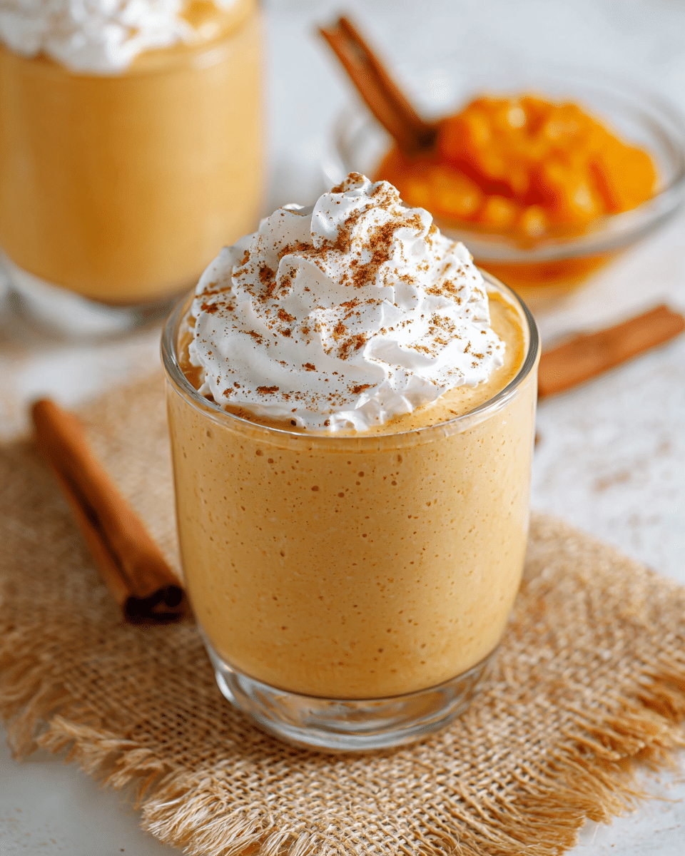 A close-up image showing a creamy orange smoothie in a clear glass, topped with a generous swirl of white whipped cream sprinkled with fine brown cinnamon powder. The smoothie has a smooth texture with tiny specks visible throughout, filling most of the glass. The glass is placed on a tan burlap cloth with fringed edges, resting on a white marbled surface. In the blurred background, a small clear bowl filled with bright orange pumpkin puree and cinnamon sticks lay scattered, along with a second glass of the same smoothie partially in view. photo taken with an iphone --ar 4:5 --v 7