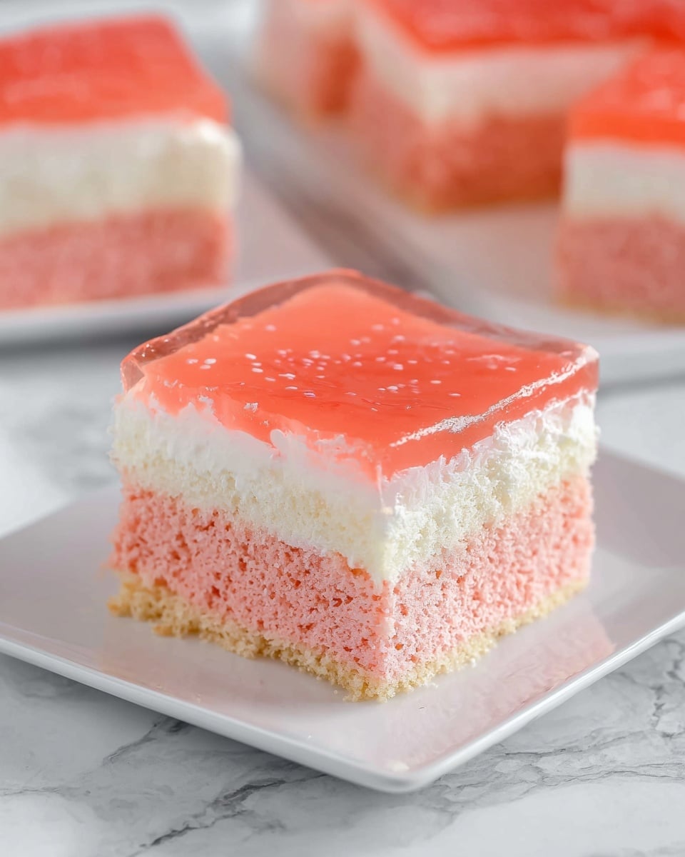 A square piece of pink cake with three distinct layers sits on a white square plate over a white marbled surface. The bottom layer is thick, light pink, soft, and spongy. Above it is a creamy white middle layer that looks smooth and soft. The top layer is a glossy, translucent pink jelly spread evenly over the cake. In the background, more pieces of the same cake are visible. Photo taken with an iphone --ar 4:5 --v 7