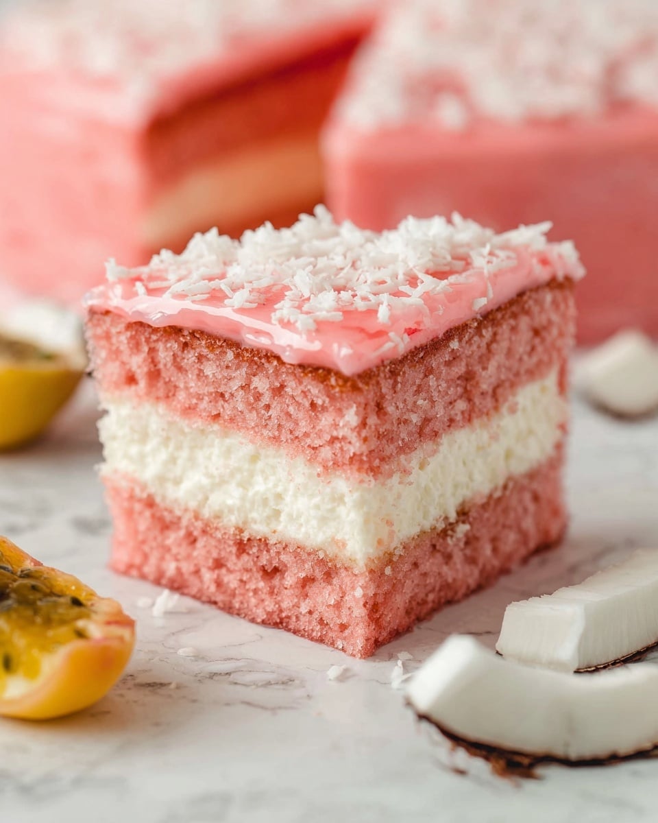 A slice of pink sponge cake with three distinct layers sits on a white surface with a white marbled texture. The bottom layer is a thick, soft-looking pink sponge with a light, airy texture. Above it is a creamy white frosting layer, smooth and evenly spread. The top layer is a glossy pink gel glaze, sprinkled with shredded white coconut flakes adding texture and contrast. In the background, a larger piece of the same cake shows the same layers, and on the left side, there are small pieces of fruit with a yellow outer skin and pinkish flesh. To the right, a few pieces of white coconut meat with brown husks are also visible. photo taken with an iphone --ar 4:5 --v 7