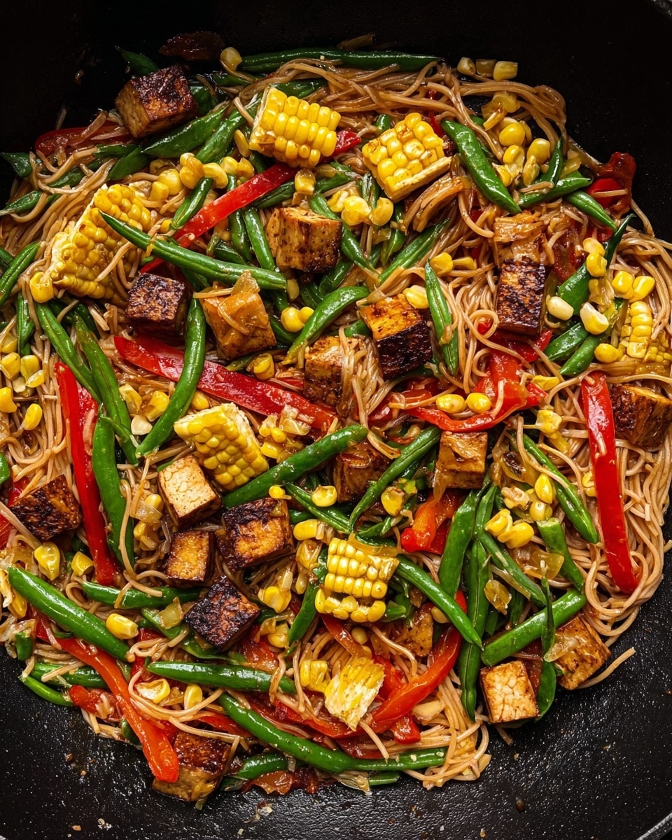 A white bowl filled with thin stir-fried noodles forms the base layer, mixed with pieces of golden-brown tofu scattered throughout. On top of the noodles and tofu are bright green string beans and green onion slices, along with vibrant red bell pepper strips, adding color and texture. There are also yellow corn kernels spread evenly, some showing slight charring, giving a roasted look. Wooden chopsticks rest on the right side of the bowl. Around the bowl, you can see small bowls of peanuts and a jar of chili oil placed on a white marbled surface. photo taken with an iphone --ar 4:5 --v 7