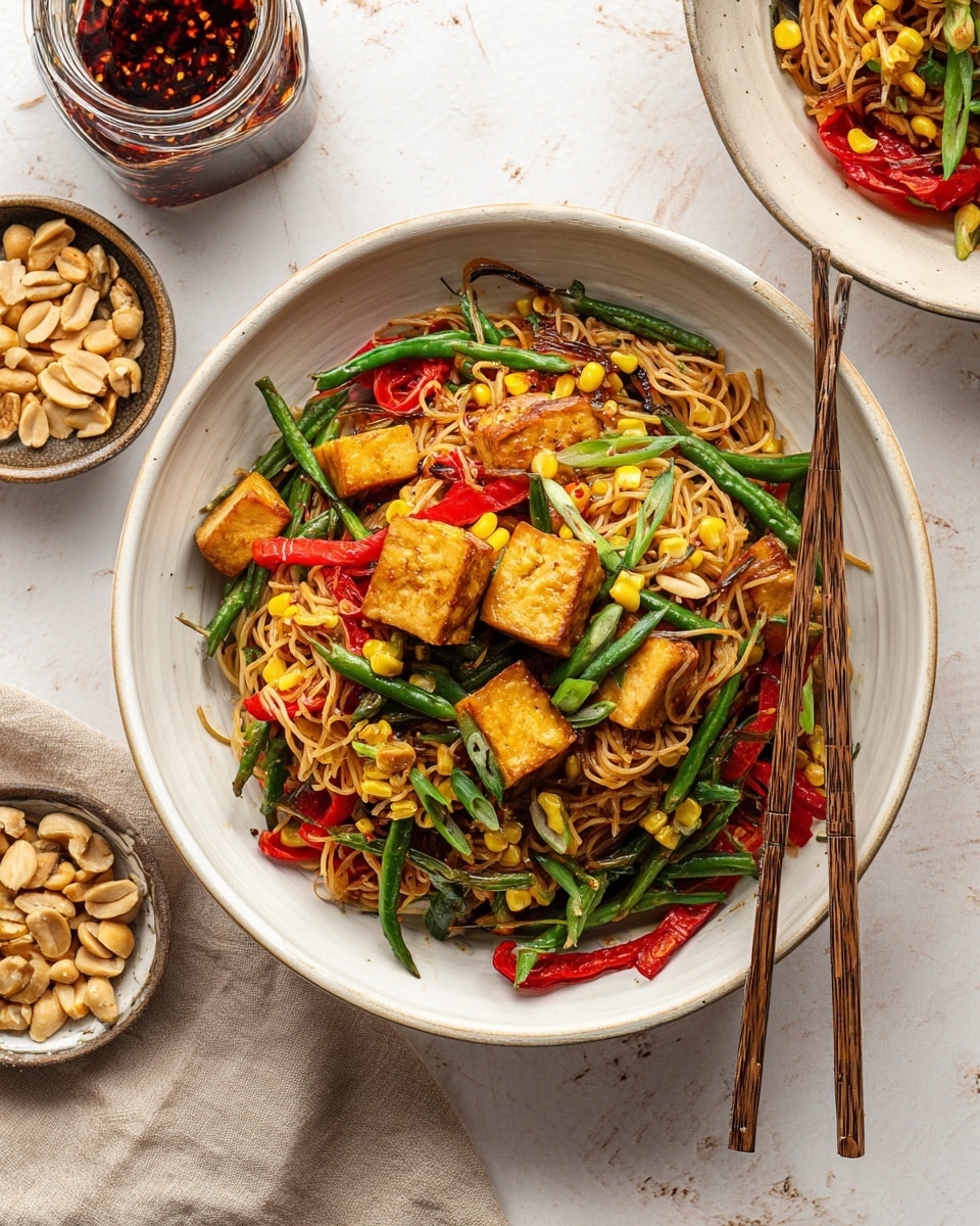 This image shows a large black pan filled with a colorful stir-fry dish. The base layer is thin brown noodles twisted into small bundles spread across the pan. On top, there are bright green long beans mixed with charred yellow corn kernels and red bell pepper strips. Small browned cubes of tofu are scattered evenly, adding a rich texture. The vegetables and tofu have a slight char that gives a roasted look. The overall colors are vibrant with the dark pan making the food stand out clearly. photo taken with an iphone --ar 4:5 --v 7