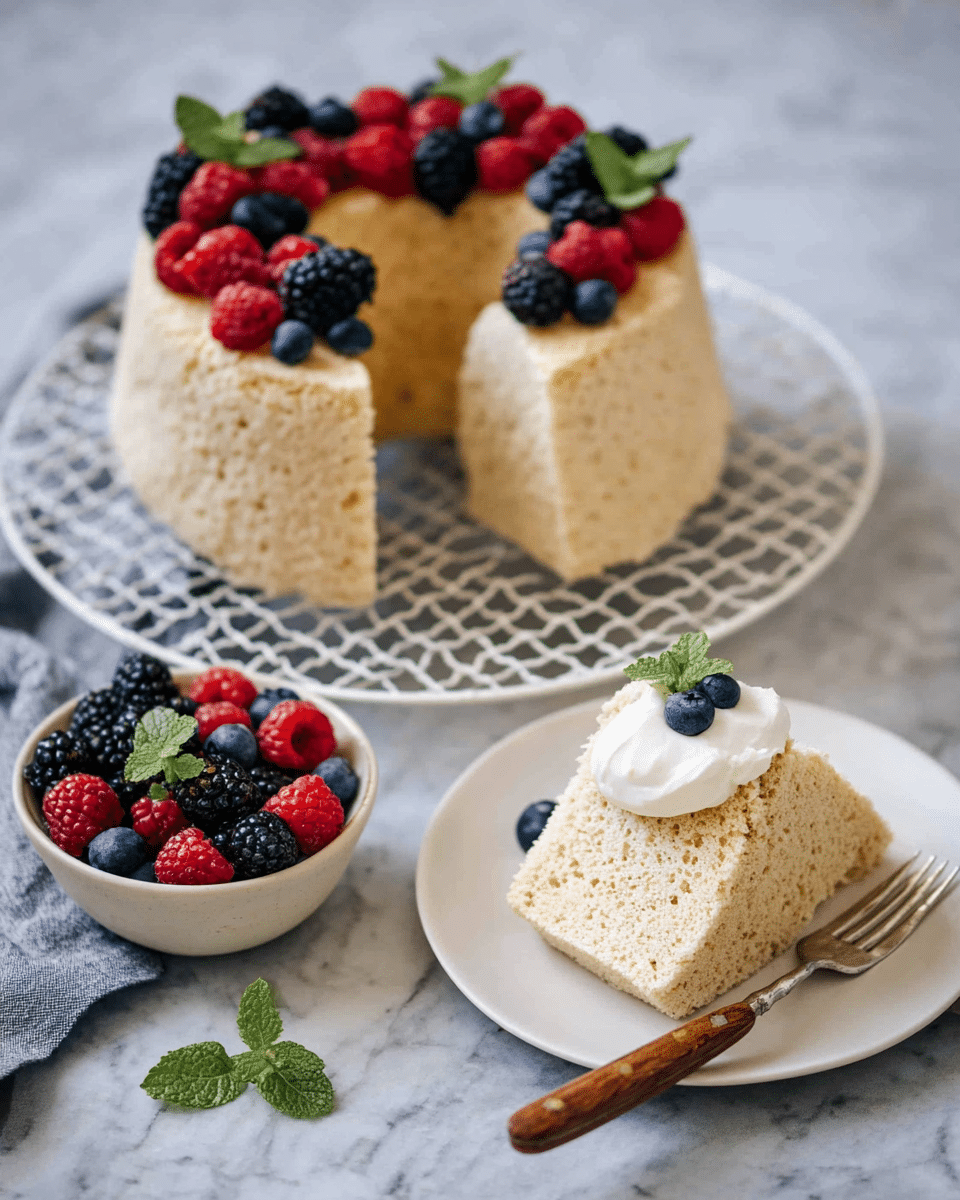 A lightly textured, round chiffon cake with a soft beige color is displayed on a white wire cooling rack. The top of the cake is decorated with a neat row of fresh berries including red raspberries, dark blackberries, and deep blue blueberries, along with a few small green mint leaves. A single slice is served on a white plate nearby, showing the airy interior of the cake. Next to the slice on the plate, there is a dollop of white cream topped with two blueberries, one raspberry, and a small mint leaf. A fork with a wooden handle rests on the plate. Beside it is a small white bowl filled with the same mix of fresh berries and mint. The setting is on a white marbled surface. photo taken with an iphone --ar 4:5 --v 7