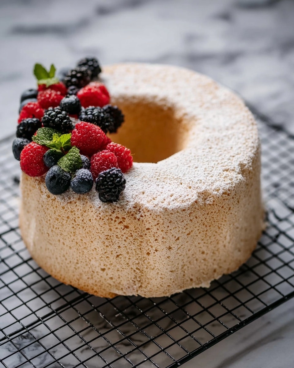 The image shows a round, light brown chiffon cake with a soft, airy texture and a hole in the center. The cake has a dusting of powdered sugar on top. On one side of the cake, there is a neat cluster of fresh berries including red raspberries, blackberries, and blueberries, with a small sprig of green mint leaves adding contrast. The cake sits on a black wire cooling rack placed over a surface with a white marbled texture. photo taken with an iphone --ar 4:5 --v 7