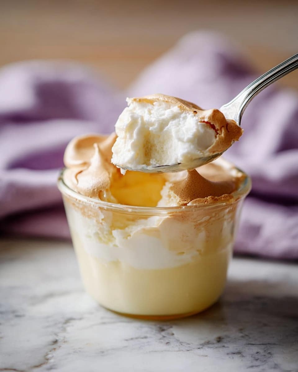 The image shows a clear glass cup filled with a dessert that has two visible layers: a creamy white layer at the bottom that looks smooth and soft, and a top layer with a light brown, airy, and puffy texture resembling a baked meringue or souffle that is slightly cracked. A silver spoon is scooping a portion from the top, revealing the creamy layer beneath and some of the baked layer sticking to the spoon. The dessert is placed on a white marbled surface with a soft purple cloth blurred in the background. photo taken with an iphone --ar 4:5 --v 7