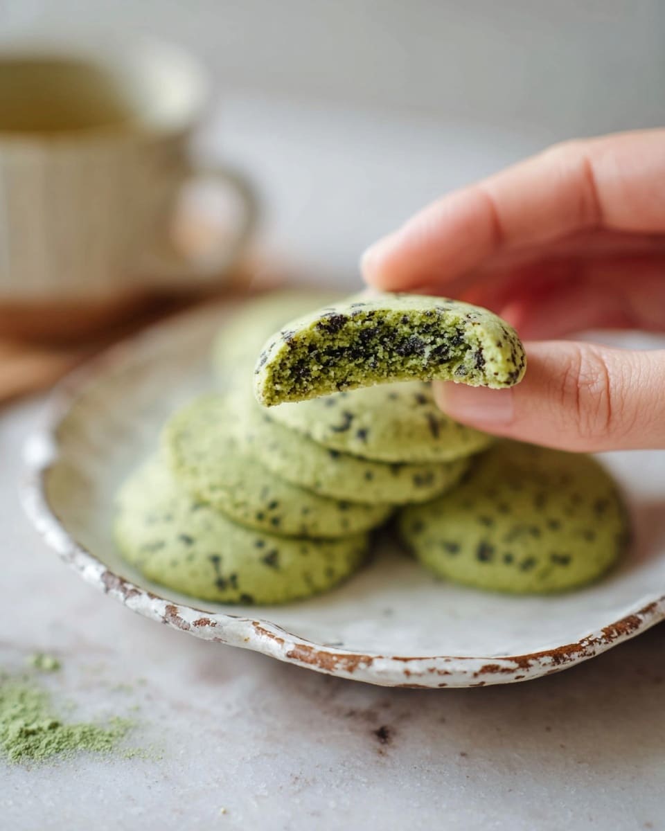 A close-up image shows a woman's hand holding a small piece of a round green cookie with black specks inside. On a white plate with a worn, chipped edge, there are four similar whole green cookies with black specks, stacked slightly overlapping. The cookies have a soft, crumbly texture visible in the broken piece. The plate sits on a white marbled surface. In the background, a blurred cup can be seen. photo taken with an iphone --ar 4:5 --v 7