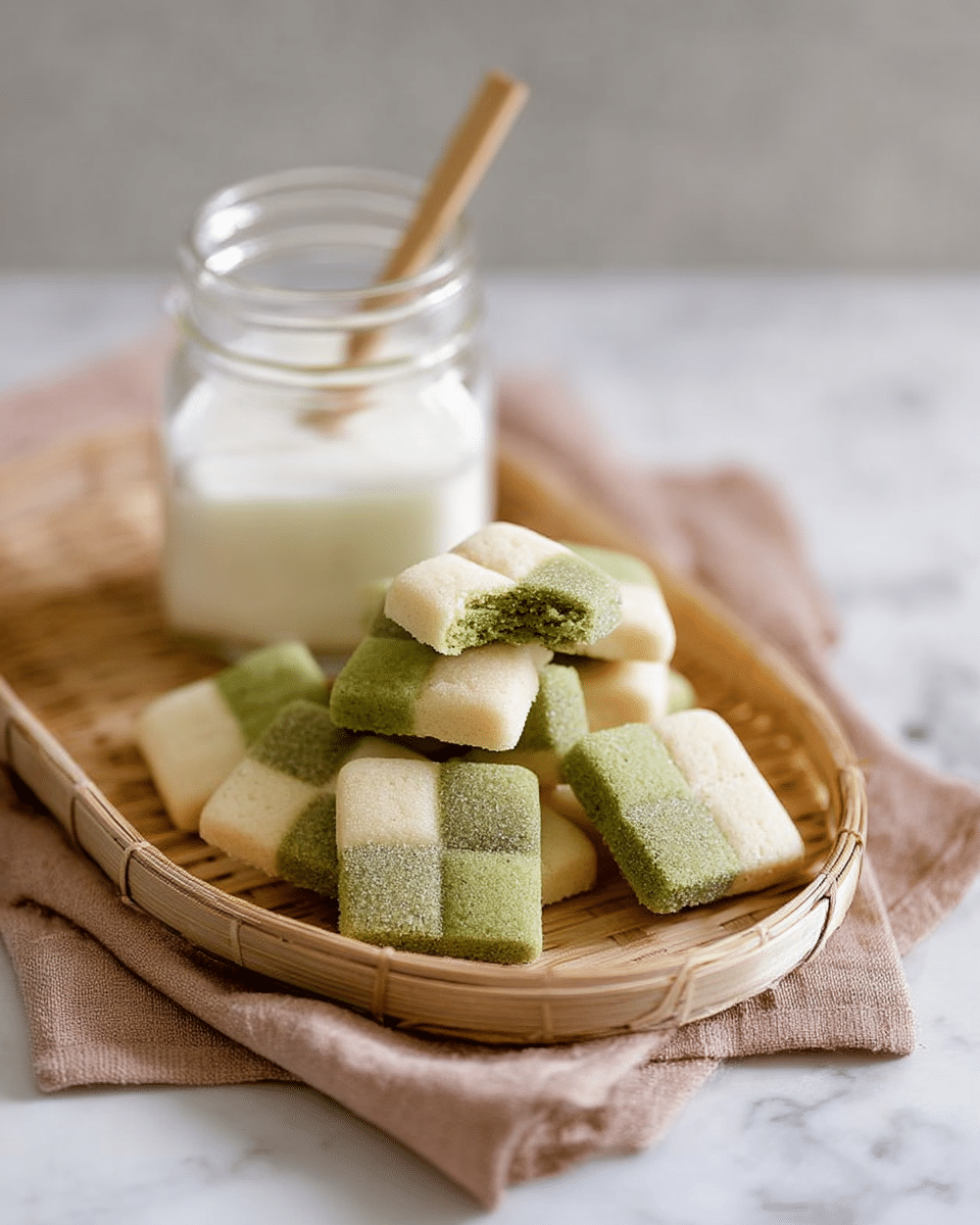 A woven tray holds about ten square checkered cookies arranged in a small pile on a light brown cloth that is placed on a white marbled surface. Each cookie has two layers forming four smaller squares, stacked in a grid pattern with the top-left and bottom-right squares in pale cream and the other two squares in muted green, giving a soft checkerboard look. One cookie on top is broken to show a crumbly texture inside. Behind the tray is a clear glass jar with a tan wooden stick inside, filled partially with white milk. The colors are soft and natural giving a cozy feel. photo taken with an iphone --ar 4:5 --v 7