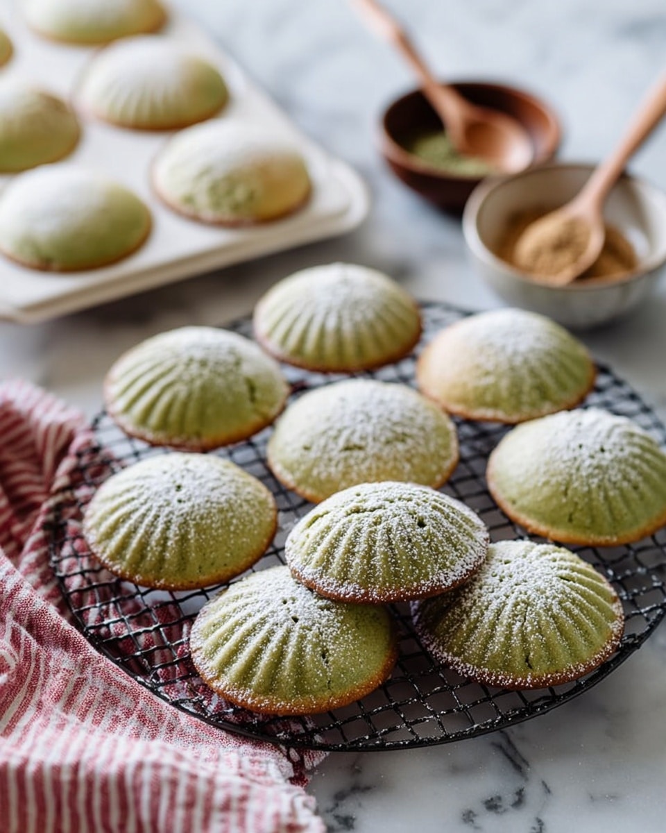 The image shows a collection of round green madeleine cookies with a soft, slightly puffed texture, arranged on a black wire cooling rack. Each cookie has a light dusting of powdered sugar on top, creating a delicate white contrast against the green color. The cookies have a subtle shell pattern on their surface and a few have a golden brown edge, indicating they are baked to a slight crisp. Behind the cooling rack, some more cookies sit in a white madeleine baking tray, while in the background there are small wooden spoons and bowls with brown powder on a white marbled surface. A red and white striped cloth is partially visible in the bottom left corner. photo taken with an iphone --ar 4:5 --v 7