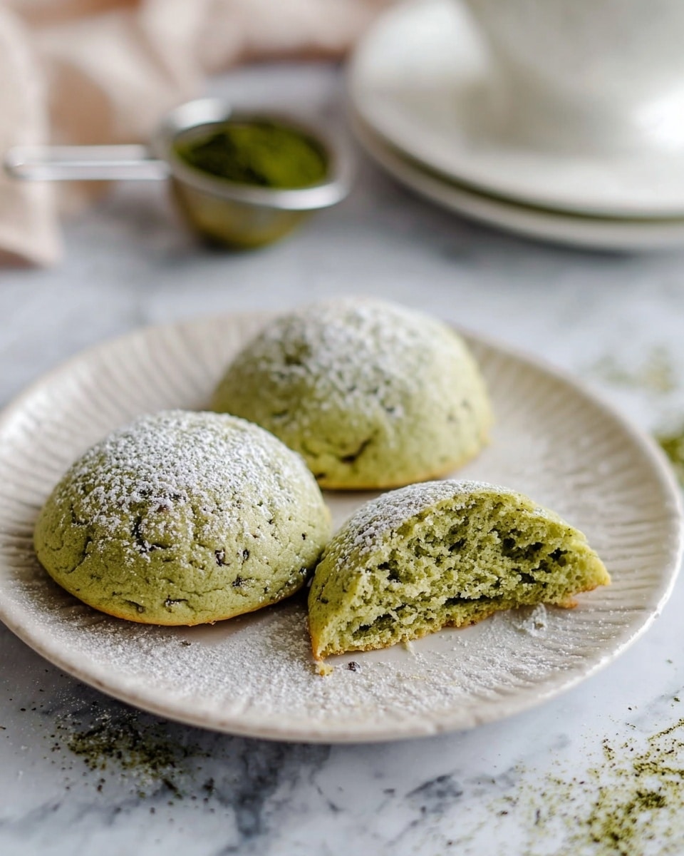 Three green tea cookies sit on a white plate with a textured surface. Two of the cookies are whole, round, and slightly domed, lightly dusted with powdered sugar, showing a fine crumb texture on the top. The third cookie is broken in half, with an airy, soft, green inside that has small darker green bits scattered throughout. The plate rests on a white marbled surface with a faint sprinkle of powdered sugar around it, and in the blurred background, there is a white plate and a tea strainer with some green tea leaves. Photo taken with an iphone --ar 4:5 --v 7