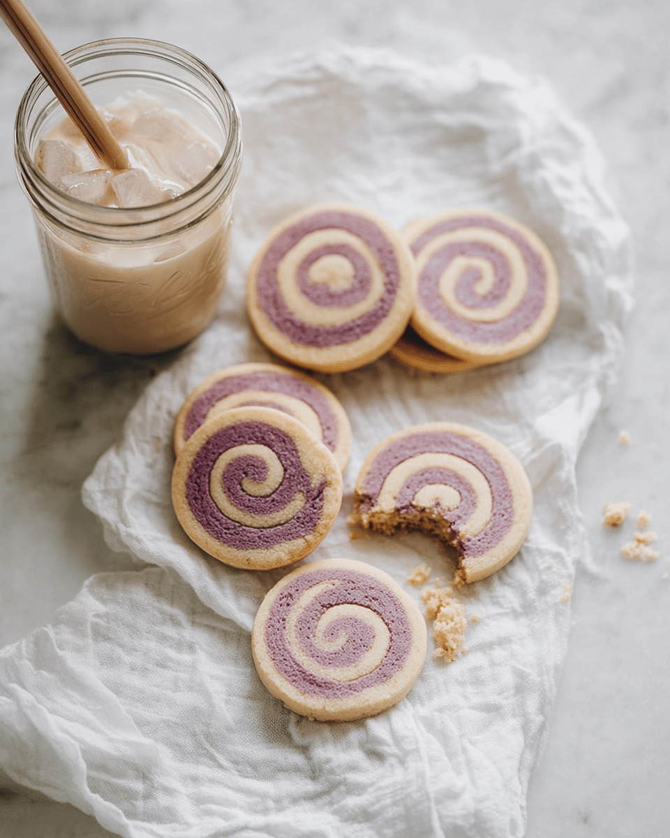 There are six spiral cookies with two layers, one light cream color and the other a soft purple, arranged on a crumpled white cloth on a white marbled surface. Five of the cookies are whole, and one has a bite taken out, with crumbs scattered nearby. To the left, there is a clear glass jar filled with an iced creamy drink, with a light brown straw inside. The colors of the scene are soft and muted, giving a cozy and simple feel. photo taken with an iphone --ar 4:5 --v 7