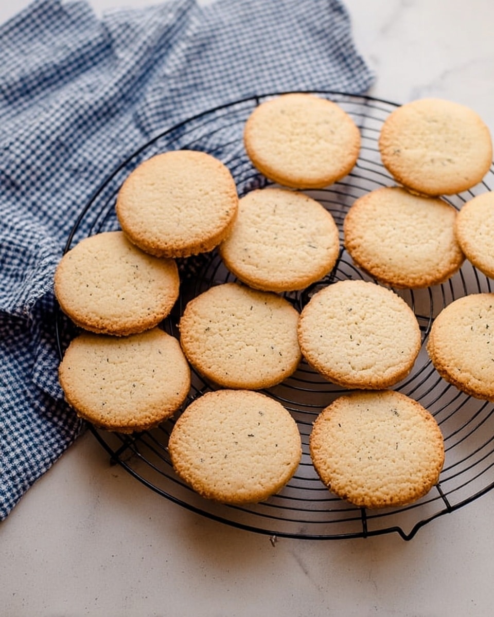 A black round cooling rack filled with fifteen light golden brown cookies, each cookie having a slightly rough texture and small dark specks throughout. The cookies are evenly spaced, covering most of the rack, which is on a white marbled surface. A blue and white checkered cloth is casually placed in the upper left corner of the image. The overall scene is softly lit, highlighting the warm tones of the cookies. photo taken with an iphone --ar 4:5 --v 7