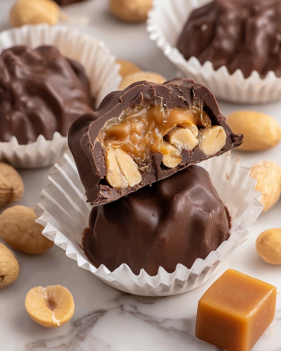 The image shows a cluster of chocolate-covered candies resting in white paper cups on a white marbled surface. One candy is cut in half, revealing three layers: a glossy, smooth dark brown chocolate outer shell with soft folds on top, a middle layer of golden caramel, and an inner layer filled with whole light tan peanuts. Around the candies, whole and halved peanuts are scattered along with a small square caramel piece. The overall look is rich and textured with a nice contrast between the shiny chocolate, sticky caramel, and crunchy peanuts. Photo taken with an iphone --ar 4:5 --v 7