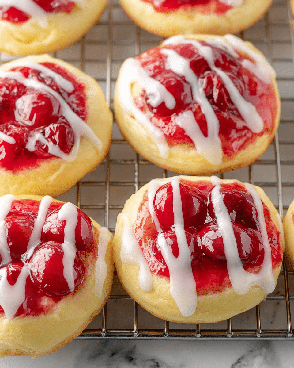 The image shows several round pastries arranged on a metal cooling rack, placed over a white marbled surface. Each pastry has a golden-yellow base with a smooth, slightly fluffy texture. On top of the base, there is a thick layer of bright red cherry filling with whole cherries visible, giving a glossy, juicy look. Drizzled over the cherry filling is a white icing glaze, creating thin, uneven lines that add a light shine and contrast. The pastries are close together, filling most of the frame with a fresh and appetizing appearance. Photo taken with an iphone --ar 4:5 --v 7