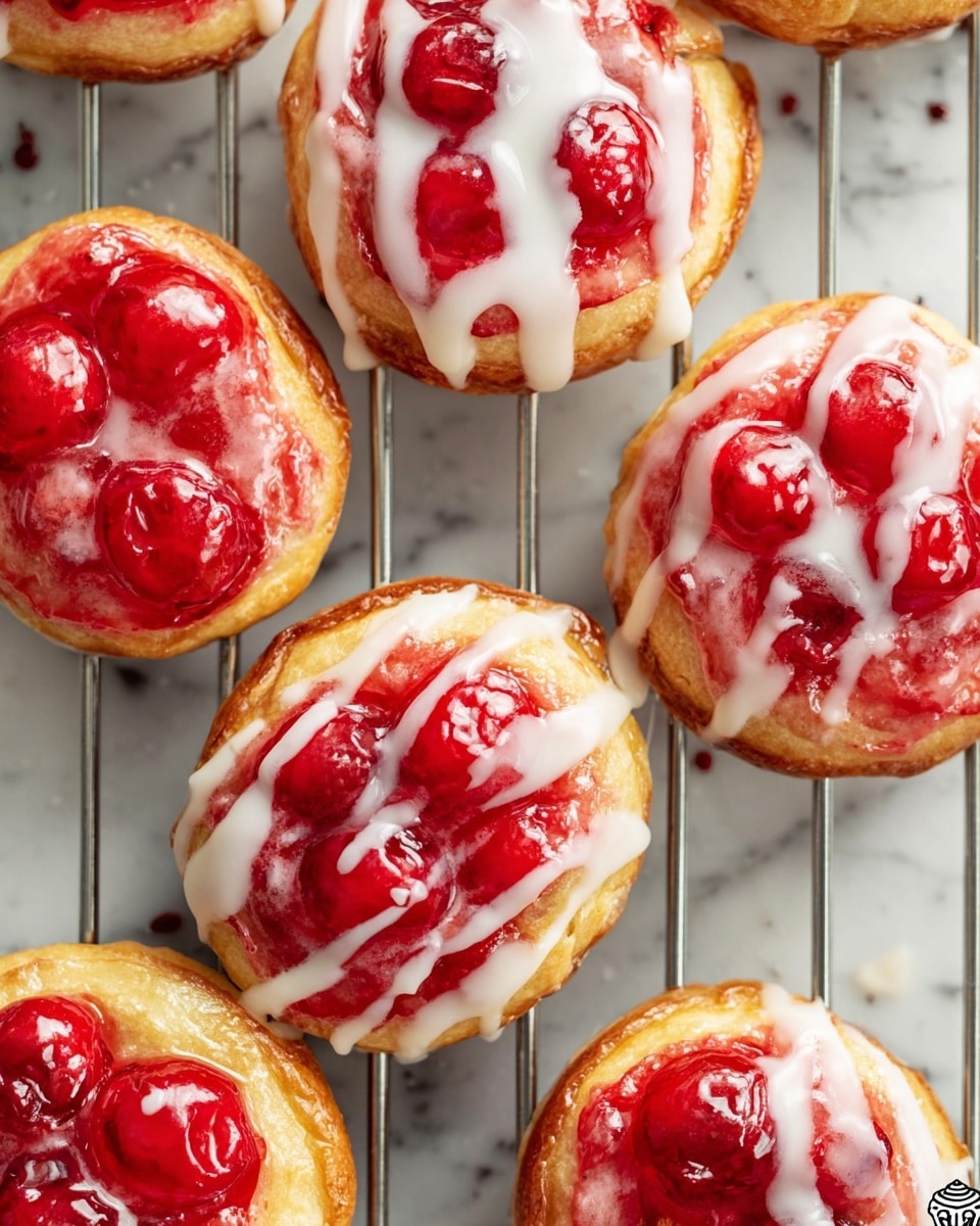 The image shows several small round pastries arranged on a metal cooling rack placed over a white marbled surface. Each pastry has a golden-brown baked dough base with a shiny, slightly translucent red cherry topping that includes whole cherries and a thick fruit glaze. Over the cherry layer, there is a white icing drizzle that contrasts with the red glaze, creating a textured, glossy finish. The pastries are placed close together on the rack, with some white icing drips visible on the marbled surface beneath. photo taken with an iphone --ar 4:5 --v 7